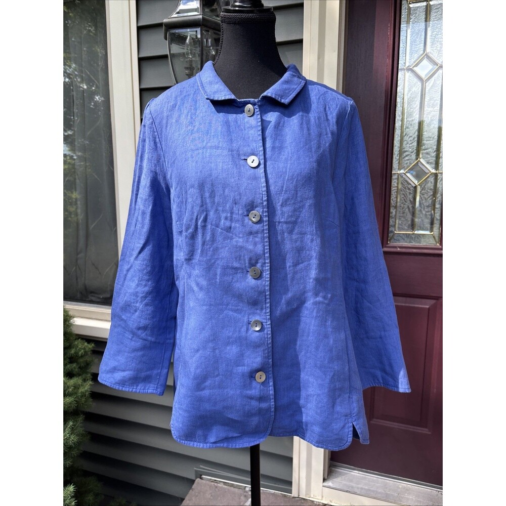 Nina Mclemore 100% Linen 6 Button Blazer Size 8 Blue Pockets EUC
